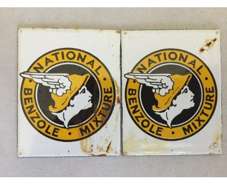 A small pair of reproduction National Benzole Mixture enamel plaques.