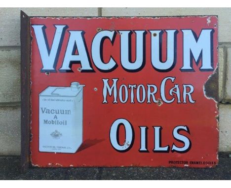 A Vacuum Motor Car Oils part pictorial double sided enamel sign with hanging flange, by Protector, 20 x 16".