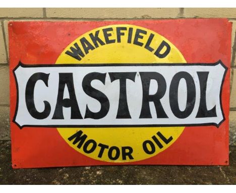 A Wakefield Castrol Motor Oil rectangular convex enamel sign with amateur retouching, 29 x 19 1/4".
