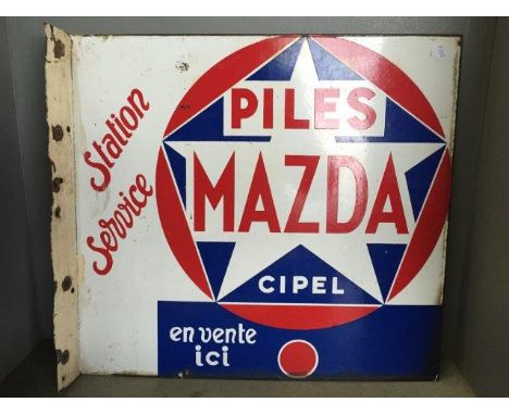 A Mazda double sided enamel sign with hanging flange, headlamp bulbs for cars and tractors, 17 1/2 x 16".