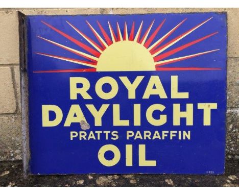 A Royal Daylight Pratts Paraffin Oil double sided enamel sign with hanging flange, 22 x 18".