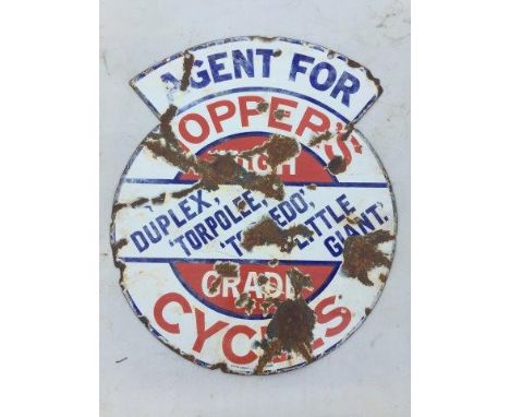 A Hopper Cycles shaped double sided enamel sign, 15 x 18".