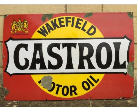 A Wakefield Castrol Motor Oil rectangular enamel sign with Royal crest to top left hand corner, by Stocal, with good gloss, 3