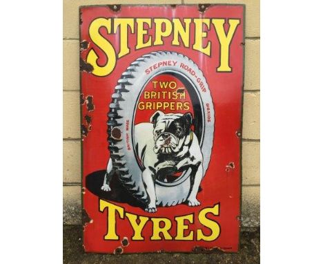 A rare Stepney Tyres pictorial enamel sign depicting a British Bull Dog stood astride a tyre, by Imperial Enamel, with good g