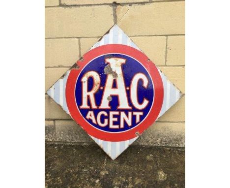 An RAC Agent lozenge shaped double sided hanging enamel sign, 28 x 28".