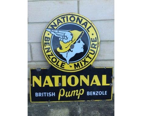An early National Benzole Mixture 'British Pump Benzole' shaped enamel sign, 47 x 28 1/2".