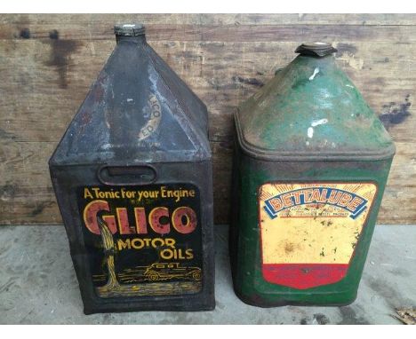 A Redline Glico Motor Oils five gallon pyramid can and one other for Betalube.