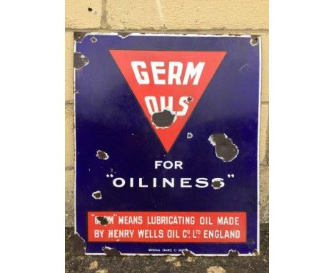 A Germ Oils 'For Oiliness' rectangular enamel sign by Imperial Enamel, 16 x 19". 