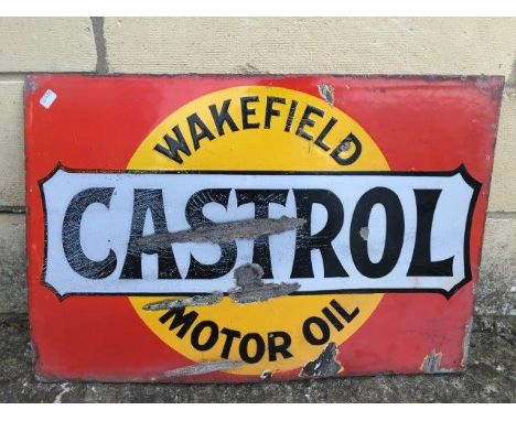 A Wakefield Castrol Motor Oil double sided enamel sign with hanging flange, 20 x 30 3/4". 