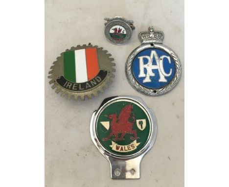 An RAC badge, made by H.B in Sale, a Wales car badge, one smaller (partially enamel) and one for Ireland.