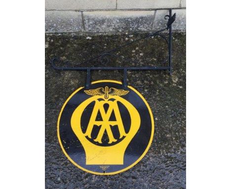 An AA circular double sided hanging enamel sign by Franco with hanging bracket, 18" diameter.
