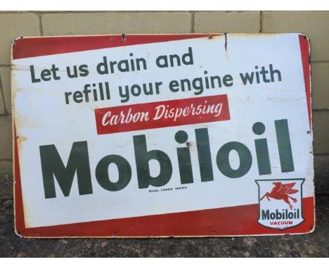 A Mobiloil 'Let us drain and refill your engine' rectangular enamel sign, 36 x 24".