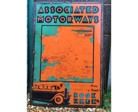 An Associated Motorways Booking Office rectangular enamel sign with some fading, 20 x 30".