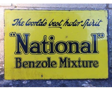 A National Benzole Mixture 'The World's Best Motor Spirit' double sided enamel sign with hanging flange, 18 1/4 x 12".