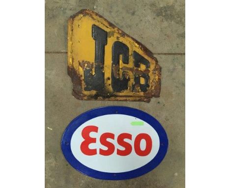 A JCB tin sign, 11 1/4 x 10 1/2" and a reproduction oval Esso sign.