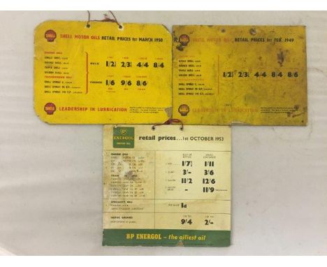A BP Energol Motor Oil Retail Price showcard 1st October 1953 and two Shell price charts for 1949 and 1950. 