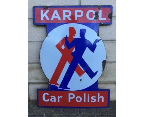 A Karpol Car Polish double sided shaped enamel sign, 21 x 28 1/2".