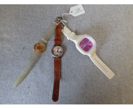 3 Watches: 'Wallace and Gromit' with leather strap, transparent 'Swatch' with gold coloured movement & large white strapped, 