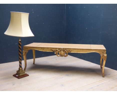 French decorative gilt wood style coffee table with marble style effect top & Victorian style table lamp 46H x 138W cm