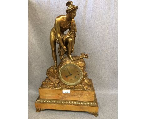 French gilt metal & marble base mantel clock in the form of a Roman gentleman figure standing on a rock, 50H x 30W cm (cracks
