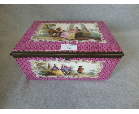 Continental porcelain trinket box with Victorian scenes 12H x 24W cm (old repairs to the base & 1 side)
