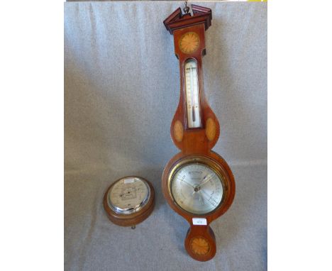 Victorian mahogany satinwood inlaid barometer by 'Peace & Sons, Ltd.' & oak case barometer by 'Captain O. M. Watts Ltd.' Lond