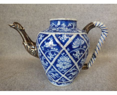 C18th blue and white teapot with white metal spout and handle, no lid, 13cmH, (no obvious damage)