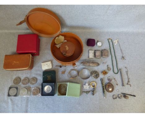 Ruby set ring, possibly Siamese; two silver vesta cases; a fob watch; other jewellery; crown coins; all in a collar box and s