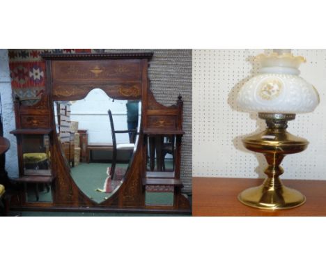 Victorian rosewood & satinwood inlaid over mantle mirror & a brass oil lamp (general scratches/marks)