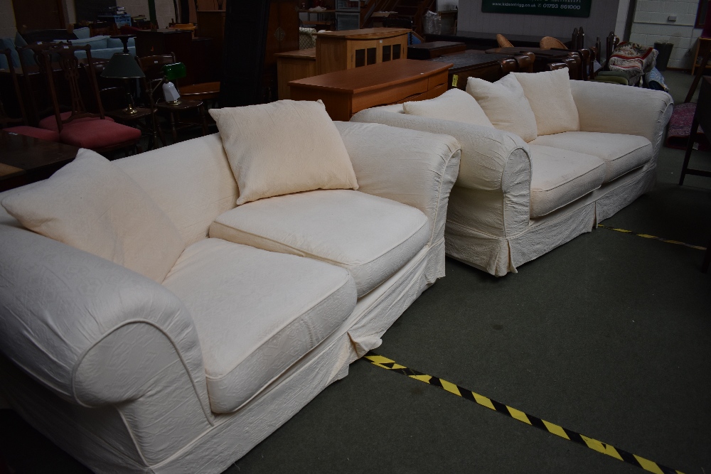 Pair of modern loose covers, cream corner sofas, 3 seater & 2 seater