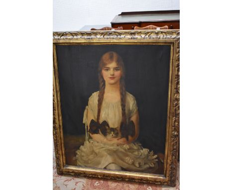 Oil on canvas portrait of 'Young Girl Holding Cat', with paper to back marked 'Rosemary, daughter of the late Colonel Card-Mi