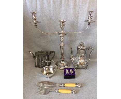 Collection of electroplated wares, including a three light candelabra, etc.