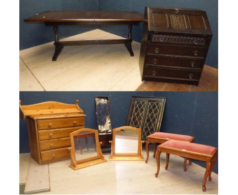 Modern pine chest of 4 long drawers, 2 pine dressing table mirrors, pine wall shelf, painted stools, corner cabinet & occasio