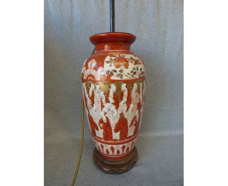 Japanese vase converted into a table lamp, on wooden stand 45H cm