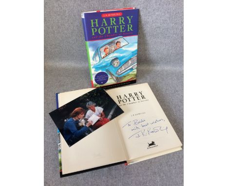 Signed (personalised) first edition of 'Harry Potter and the Chamber of Secrets' by J. K. Rowling with a photograph of J. K. 