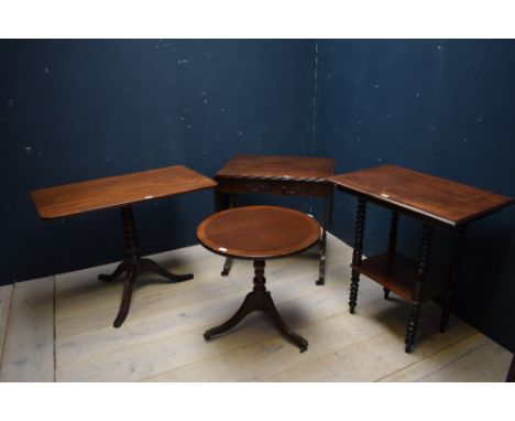 Circular coffee table, a large tilt top tripod table, a mahogany two tier occasional table & a small mahogany sofa table