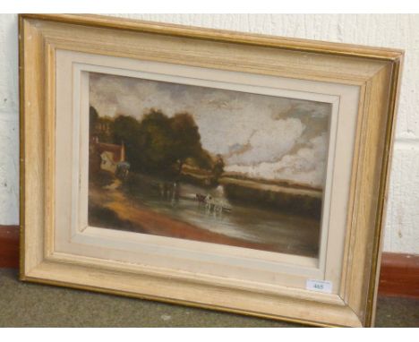 Oil on canvas of rural river scene with horse and cart and cottage on bank in style of John Constable, 22 x 33 cm