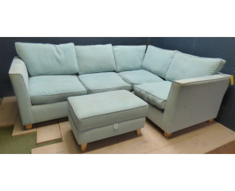 Modern contemporary 'L' shape sofa in light blue fabric with matching stool by 'Sofa Workshop' 175 x 93 & 148 x 93 cm (some m