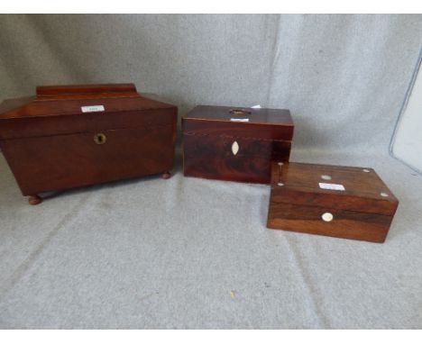 C19th mahogany sarcophagus shaped tea caddy, Georgian mahogany tea caddy & a rosewood sewing box.