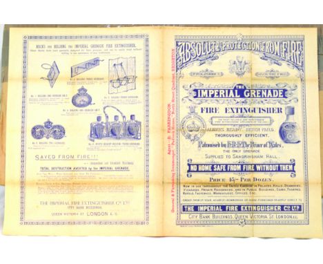 THE IMPERIAL GRENADE LEAFLET. 11 by 8ins folded ABSOLUTE PROTECTION FROM FIRE/ THE IMPERIAL GRENADE/ FIRE EXTINGUISHER/ PATRO