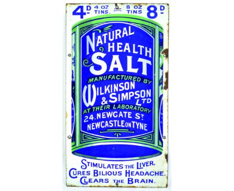 WILKINSON & SIMPSON LTD ENAMEL SIGN. 18 by 10ins, 4D 4OZ TINS 8D 8OZ TINS above picture of can NATURAL/ HEALTH/ SALT MANUFACT