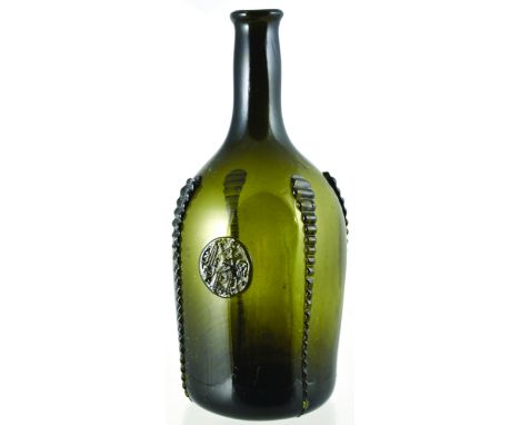 ALLOA SEALED WINE BOTTLE. (DB Vol pg 86) Dark olive green glass, wide bodied cylinder, slightly flared tooled lip, 4 rigaree 