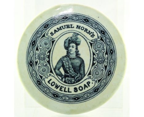SAMUEL HORNS LOWELL SOAP POT LID. 4ins diam, Scottish laird style figure with decorative surround pictured SAMUEL HORNS/ LOWE