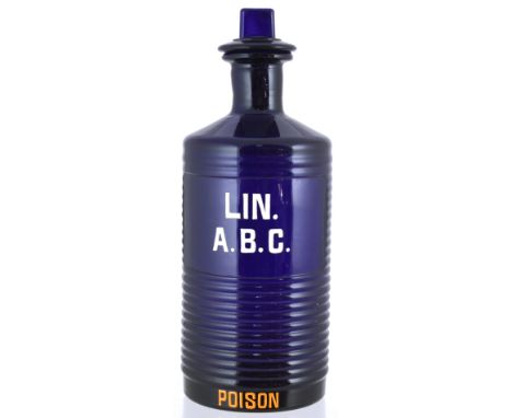 CHEMIST SHOP ROUND POISON BOTTLE. (DP pg 153) 10.5ins tall to top of chisel stopper heavy cobalt blue glass shop round horizo