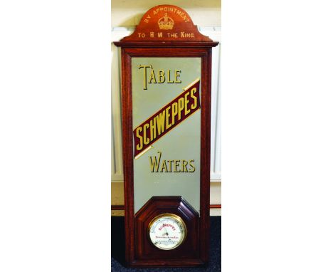SCWEPPES MIRROR BAROMETER. Wooden framed 38ins long, 14ins wide, SCHWEPPES TABLE WATERS in gold & black lettering, barometer 