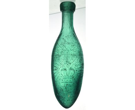 BLUE GLASS LEAMINGTON HAMILTON BOTTLE. 8.75ins long, early rolled lip. Pale turquoisey blue glass hamilton embossed with crow