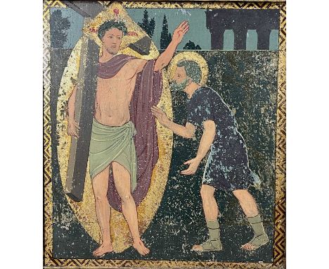 A painted and gilt panel of Christ carrying the cross, 35X32.5cm.