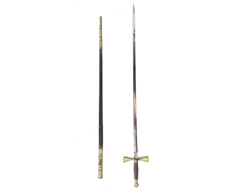 A Masonic type ceremonial sword, with brass crosspiece and brass mounted leather scabbard, length 87cm.