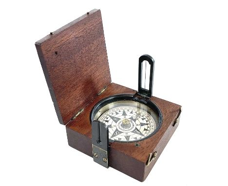 A 19th century travel compass with a printed card dial and a folding sight, 5.5cm square,