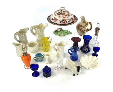 A group of four graduating Royal Worcester leaf jugs together with a blush ivory jug, Beswick ram, glass scent bottles, eyes 